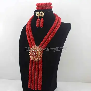 2019 Afrikansk Bryllup Perler Halskæde Sæt Kostume Nigerianske Perler Rød Krystal Smykker Sæt blomstervedhæng Gratis Fragt HD7736