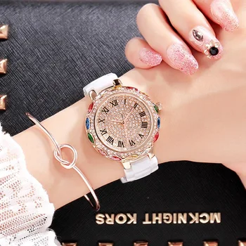 2019 Fashion Brand Keramiske Kvinder, Armbånd, Ure, Luksus Dame, Farverige Glasperler Armbåndsur Fuld Diamant Krystal Dress Watch