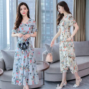 2019 Sommer Kjole Nye koreanske Mode Kvinder kortærmet V-hals, Slank Blomster Print Lang Chiffon Kjoler Kvindelige Casual Vestidos