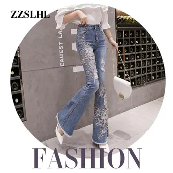 2020 Ny Elegance Personlighed Kvindelige Jeans Mode Beaded Blomst Wide-ben Bukser med Høj Talje Var Tynd Hul Bukser-Jeans