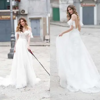 2021 Bryllup Kjoler Off Skulder Blonde Pynt Brude Kjoler Skræddersyet Sexet Åben Ryg Feje Tog A-Line Wedding Dress