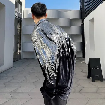 2021 Hip Hop Mode Natklub Mænd Tøj Sequined Shirt Kpop Velvet Smuk Top Koreanske Pels Streetwear Dans Tyndt Lag