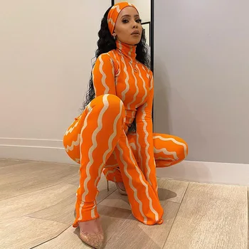 2021 Sommeren Nye Pop Kvinders Mode Sexet langærmet Rullekrave Orange T-shirt Stribet Bukser High Street To-Piece Suit