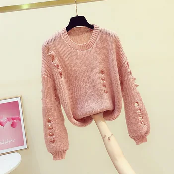 2021 Spring Nye Løs Sød Beaded Hule-out Tynd Sweater Top Women ' s Fashion Pullover Sweater Frakke Studerende Pink Strik