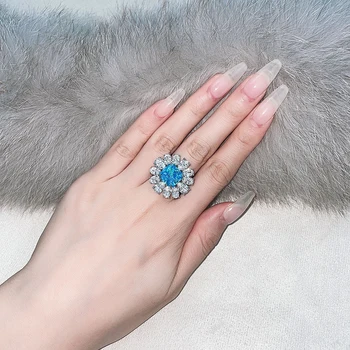 2021 Tendens 925 Sterling Sølv 10*10mm Aquamarine Topas Solsikke Ringe Til Kæreste Mousserende Lab Diamant Fine Smykker Gave