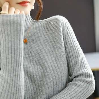 2021 efteråret og vinteren ny stil uld kvinder er halvdelen høj krave solid farve løs kort pullover alle-match sweater