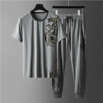 2021 sommer is silke passer mandlige Kinesiske stil bronzing jacquard casual sport, der passer trendy kort-langærmet bukser todelt dragt