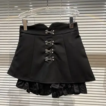2022 Forår, Sommer, Nye Metal Spænde Design Anti-Eksponering Lace Shorts Nederdel, Kvindelig Studerende, College Stil Sort A - Line Mini Nederdel