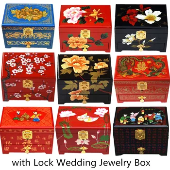 3 Lag Trækker Skuffen Ud Box til Smykker Opbevaring Arrangør Indretning Bryllup Kinesiske Lacquerware Træ smykkeskrin med Lås