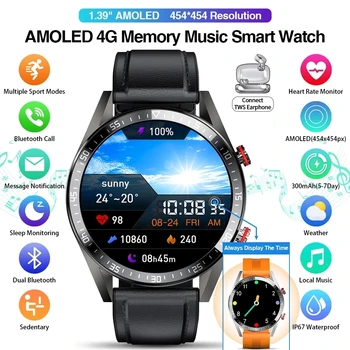 454*454 AMOLED-skærm, smart ur Altid vise tiden bluetooth opkald, lokal musik smartwatch for mænd Android TWS hovedtelefoner