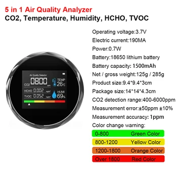 5 in1 CO2-Detektor Meter Digital Temperatur Luftfugtighed Sensor Tester Air Quality Monitor Kuldioxid TVOC HCHO Gas Detektor
