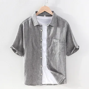 55% Hør 45% Bomuld Åndbar Anti-statisk Kvalitet Mode Mand Shirt Stribet Vintage Sommeren Afslappet Korte Ærmer Shirts Mænd
