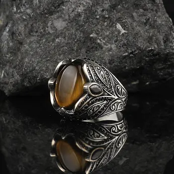 925 Sterling Sølv Ring for Mænd Tiger Sten Smykker Mode Vintage Gave Onyx Aqeq Herre Ringe Alle Størrelse