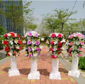 98 cm Højde Hule hvid Plast Romerske Kolonne med Dekorative blomster til Bryllup Velkommen Område Dekoration Photo Booth Rekvisitter