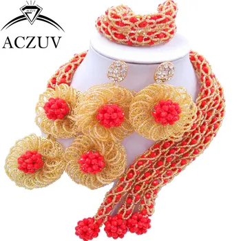 ACZUV Seneste Uigennemsigtig Røde Guld AB Crystal Beaded Afrikanske Smykker Design Nigerianske Bryllup Perler Smykke Sæt C3F002