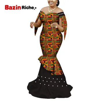 Afrikanske Kjoler Kvinder Lang festkjole Traditionel Afrikansk Print-Hvid Perle med Off Skulderen Bazin Riche Dame Kjole WY5117