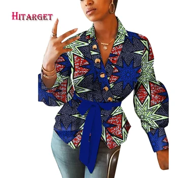 Afrikanske Tøj til Kvinder Ankara Print Top Shirt Afslappet Kvinder langærmet Bluse med V-hals Dashiki Kvinder Tøj Plus Size WY9384