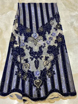 Afrikanske velvet lace stof 2020 høj kvalitet blonder blå fransk sten Nigerianske blonde stof bryllup banket kjole h3646