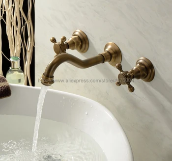 Antik Messing Badeværelse Håndvask Håndvask Mix Tryk Dobbelt Håndtag Vægmonteret Køkken, Håndvask Håndvask Armatur Ntf050