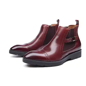 Arbejde Støvle til Mænd Chelsea Boot Trække På Style Premium Genuine Leather Monk-Strap Udskæring Lejligheder Hæl Poleret Spids Captoe