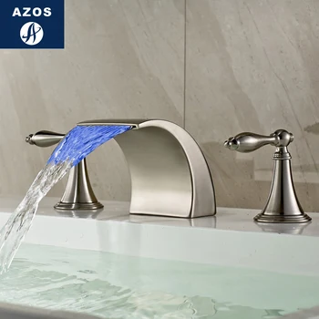 Azos Split FaucetDiscoloration Vandfald Messing Børstet Nikkel Koldt og Varmt Skifte Temperatur Kontrol-LED  en Balkon håndvask Håndvask Dou
