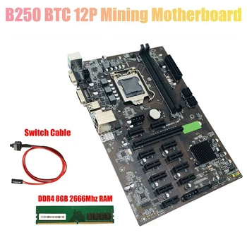 B250 BTC Minedrift Bundkort med DDR4 8G 2666Mhz RAM+Skift Kabel LGA 1151 DDR4 12XGraphics-Kort Slot til BTC Miner