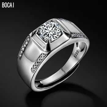 BOCAI Nye s925 sølv Mand Ring fashionable hip-hop justerbar, enkel personlighed en karat Moissanite diamant Ring single