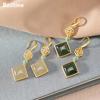 Bastiee Geometriske Jade 925 Sterling Sølv Dingle Øreringe Til Kvinder Kinesisk Knude Turkis Vintage Smykker Forgyldt