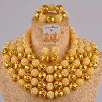 Beige simuleret pearl guld afrikanske smykker sæt nigerianske perler smykke sæt til kvinder FZZ27