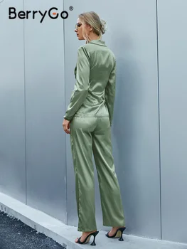 BerryGo Mode satin silke to-delt sæt kontor dame High street snøre blazer passer til kvinder Solid lige lange bukser sæt 2021