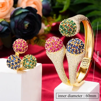 Blachette Luksus Trendy Round Bangle Ring Set For Kvinder Fuld Cubic Zirconia Bane Fest, Bryllupsfest Saudi-Arabisk Dubai Smykker