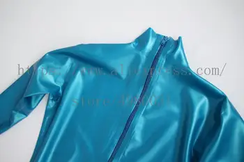 Bling latex Zentai metallic blå mænds Fetish latex catsuit homme med tilbage zip til maven