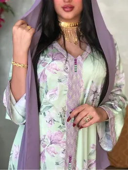 Blomsterprint Jalabiya Dubai Abaya Kvinder Flettet Detalje Marokkanske Kaftan Muslimske Arabiske Lang Kjole Kaftan Festlig Aften Robe Ramadan
