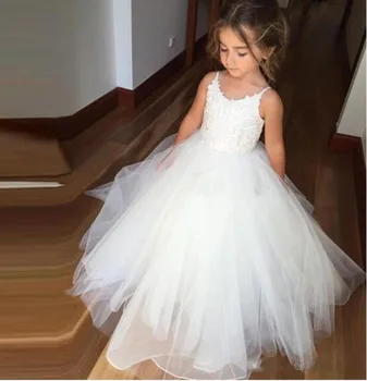 Blonder Princess Ball Gown Blomst Pige Kjoler til Lugning KidsTulle V Hals Hvid-Børn, Lange Kjoler Vestido De Fiesta De Boda