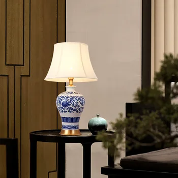 Blå og hvid porcelæn klassiske soveværelse sengelampe Kinesisk stil stue hotel store kobber keramik bordlampe LB41813