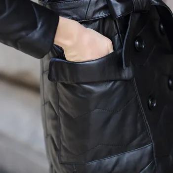 Brand Vinter Ægte Læder Frakke Kvindelige Streetwear Ræv Pels Krave Varm Frakke Fashion 2020 Sort Bælte Kvinder Ned Jakke