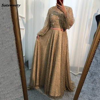 Brudepige Kjoler 2022 Arabiske Kjole Luksus Diamant Perler Sparkle Prom Kjoler, Lange Ærmer Mode Sexede Festkjoler