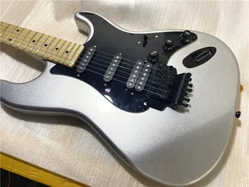 Brugerdefineret version af elektrisk guitar metal sølv ahorn xylofon hals dobbelt rocker bro sort vagt plade kan tilpasses
