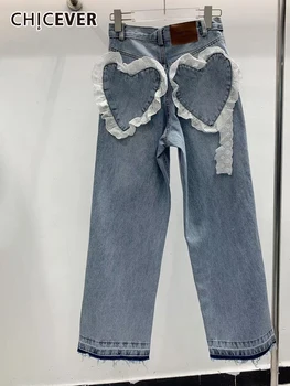 CHICEVER Streetwear Denim Bukser Til Kvinder af Høj Talje Patchwork Hjerte Kontrast Farve Casual Jeans Kvinder 2022 Foråret Nye Tøj