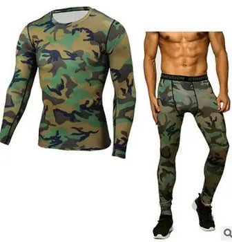 Camouflage Kompression Shirt Tøj Med Lange Ærmer T-Shirt + Leggings Bodybuilding Crossfit Mode Passer Med Sportstøj Hurtig Tør