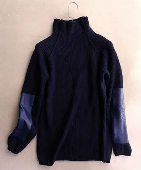 Cashmere ged solid tyk strik kvinder mode høj krave patchwork ærme pullover sweater mørk blå 2color S-2XL