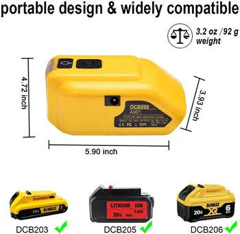 DCB090 egnet til DEWAL PÅ 14,4/18V lithium batteri konvertering USB-opladning DC12V output nødsituation lys værktøjer