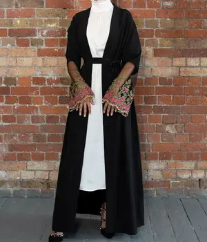 Dubai Åben Cardigan Kvinder Lang Kjole Ramadanen Muslimske Lace Broderi Abaya Kaftan Robe Islamiske Lange Ærmer Maxi Kjole Kimono Kjole
