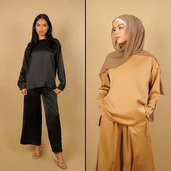Eid Mubarek To Stykke Muslimske Sæt Hijab Kjole Dubai Abaya Tyrkiet Kaftan Kaftan Islam Satin Abayas for Kvinder Musulman Ensembler