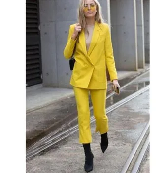 Elegant Gul Formel Business Kvinder PantSuits Fashion Damer Pantsuit Kostumer til Kvinder Passer Blazer med Bukser Custom Made