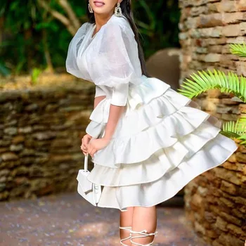 Elegant Middag Kjoler Til Kvinder Puff Ærme Elegant Hvid Mini Kaftan Kage Kjole Ankara Femme Bubu Kjoler Mode Afrika Abbaya