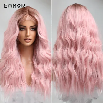Emmor Ombre Pink Lace T-Del Parykker Midterste Del Bølget Blonde Paryk Mode Naturlige Hår Paryk til Kvinder Dagligt Syntetiske Wiging