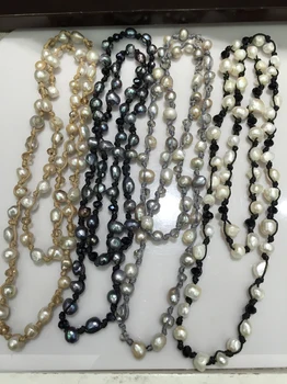 Engros 20pcses/masse Lange Naturlige perle og krystal halskæde, med wax reb Barok uregelmæssig blanding for lang kort dobbelt anvendelse
