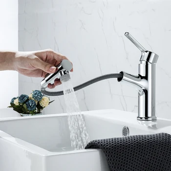Enkelt Hul Trække sig Ud Badeværelse Håndvask, vandhane Mixer Med 2 Måder Tud Varmt og Koldt Vand Torneira Forkromet