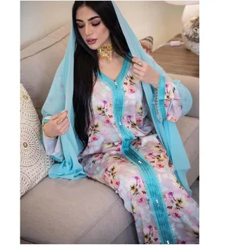 Etnisk Stil i Mellemøsten dametøj Europæiske Amerikanske Tøj Blonder Udskrive Lange Abaya Eid Dubai Muslimske Kvinder Kjole